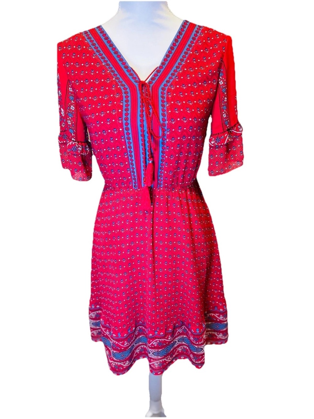 Hopeshow Naitgirl It Girl Red Boho Floral V-Neck Flutter Sleeve Midi Dress S